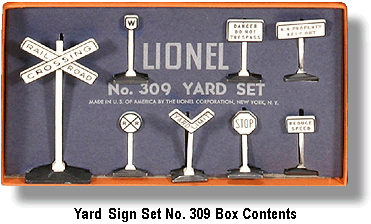 Lionel Trains Yard Sign Set No. 309 Box Contents