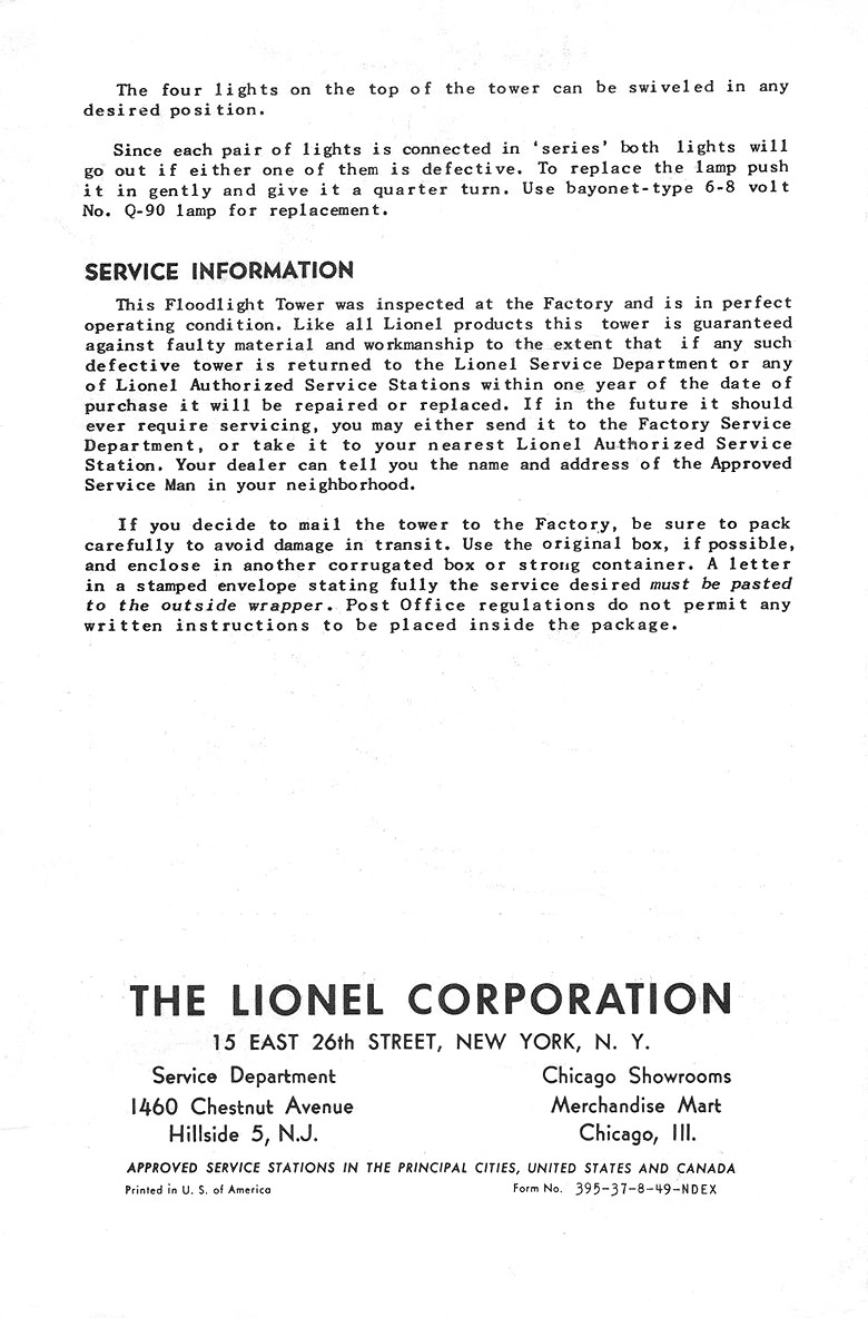 Back page of No. 395-37 Instruction Sheet