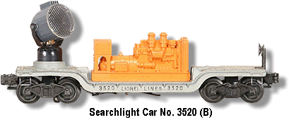 Lionel Trains Searchlight Car No. 3520 with Blackened Housing