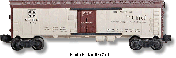 Lionel Trains Santa Fe Refrigerator Car No. 6672 Variation D