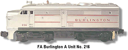 Lionel Trains Burlington FA A Unit No. 216